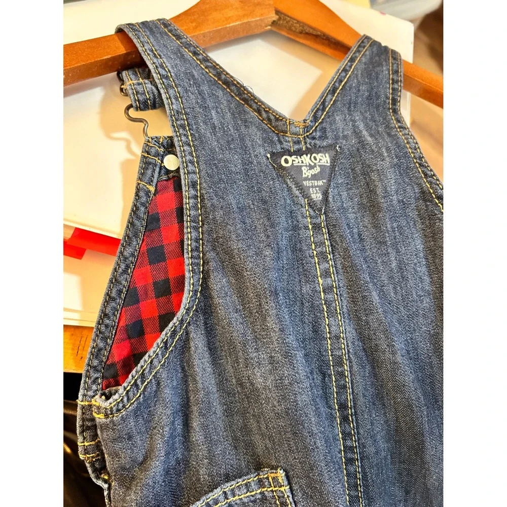 OshKosh Bgosh Kids 12M Blue Denim Flannel Lined Overalls Buffalo Plaid Vestbak
